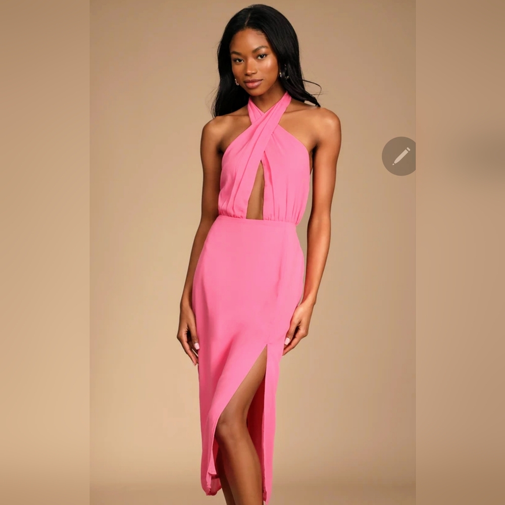 Lulus Flirty Chic Bright Pink Cutout Twist-Front Halter Midi Dress sizeL New w/